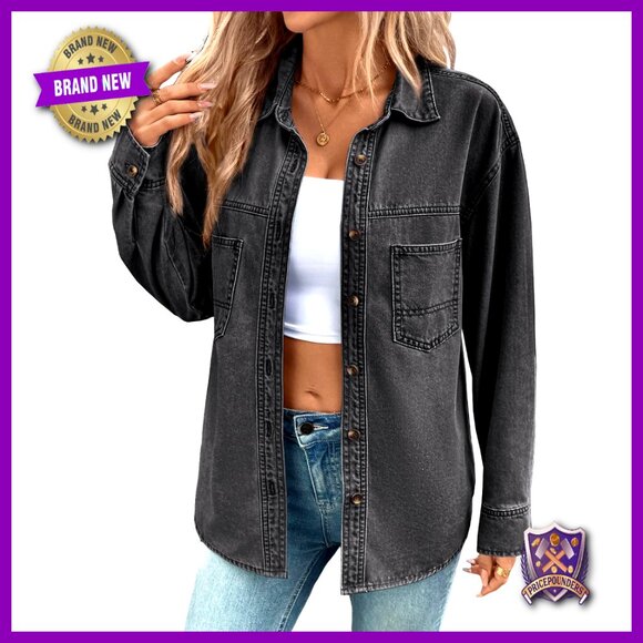 Oversized Denim Button Down Shirt Long Sleeve Casual Chic Layering Top